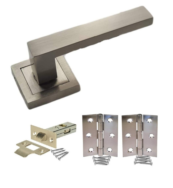 1 Pair of Delta Door Handles On Square Rose in Stunning Satin Stainless Steel Finish Finish Complete with Tubular Latches and Hinges - Golden Grace
