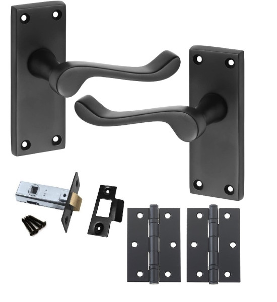 1 Pair of Victorian Scroll Matt Black Door Handles 120mm Long Lever Latch Pack with Tubular Latch and Hinges - Golden Grace