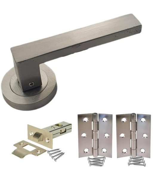 1 Set of Delta Door Handles On Round Rose in Stunning Satin Stainless Steel Finish with Tubular Latch, Hinges and Fixings - Golden Grace