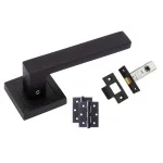 1 Set of Delta Door Handles On Square Rose, Matte Black Finish with Tubular Latch & Ball Bearing Hinges 