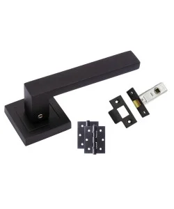 1 Set of Delta Door Handles On Square Rose, Matte Black Finish with Tubular Latch & Ball Bearing Hinges 1 Set of Delta Door Handles On Square Rose, Matte Black Finish with Tubular Latch & Ball Bearing Hinges