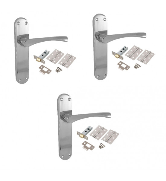 3 Sets of Astrid Door Handles On Backplate Polished Chrome Finish 182mm x 45mm with Tubular Latch and Hinges - Golden Grace