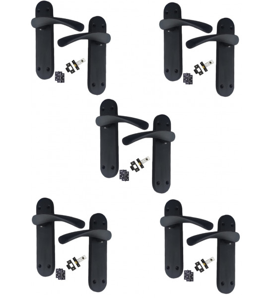 5 Sets of Astrid Door Handles On Backplate Matt Black Finish Lever Latch Pack 182mm x 45mm Backplate, T.Latch, Ball Bearing Hinges - Golden Grace