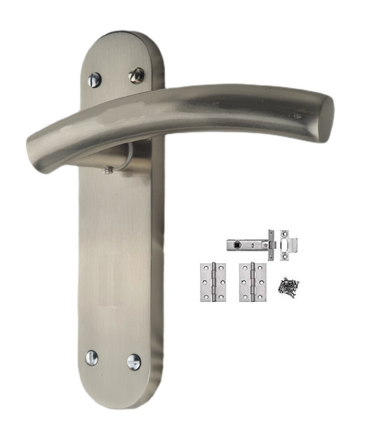 Arched T - Bar Satin Stainless Steel Finish Door Handles On Backplate Satin Stainless Steel Finish with Latch & Hinges - Golden Grace