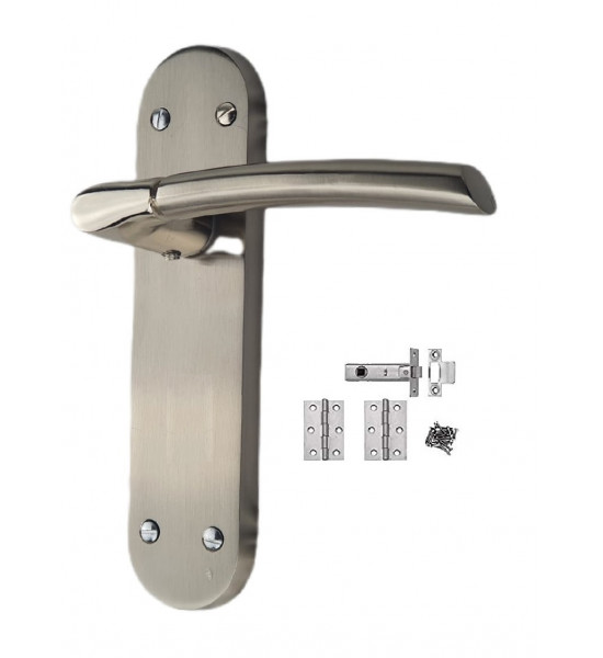 Indiana Dual Finish Chrome Door Handles On Backplate Satin Stainless Steel Finish with Tubular Latch and Hinges 180mm x 45mm - Golden Grace