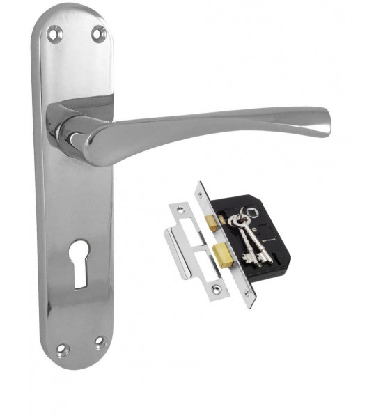 Astrid Lever Lock Door Handles On Backplate Polished Chrome Finish with 3 Lever Lock (2 Keys)