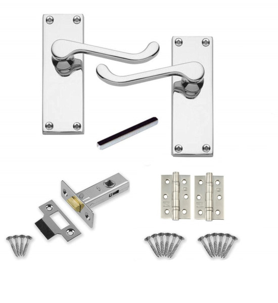 1 Set of Victorian Scroll Latch Door Handles Polished Chrome with 1 Pair of 3" Ball Bearing Hinges & Latch Pack Sets 120mm x 40mm Backplate