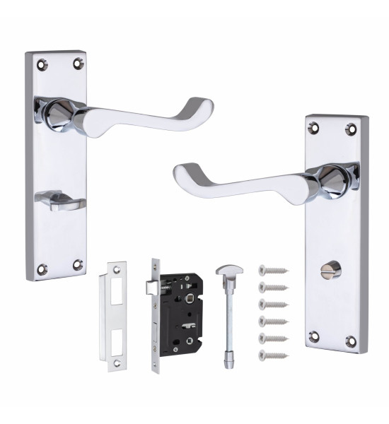 Victorian Scroll Polished Chrome Bathroom WC Toilet Door Handles Complete with (GG) Bathroom Mortise Lock and 1 Pair of 3" Ball Bearing Hinges