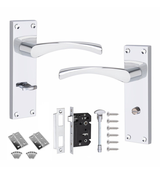 Golden Grace Victorian Scroll Astrid Handle Silver Polished Chrome Bathroom WC Toilet Door Handles Complete with (GG) 64mm Bathroom Mortise Lock 150mm x 40mm Backplate and 3" Butt Hinges