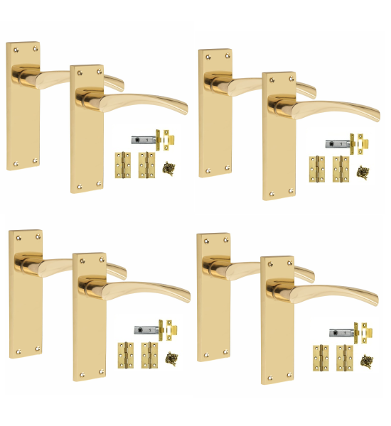 4 Sets Victorian Scroll Astrid handle Polished Brass Finish 150mm x 42mm With 2.5" Latch and 1 Pair of Hinges - Golden Grace