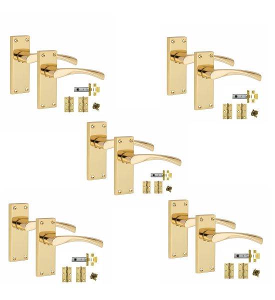 6 Sets Victorian Scroll Astrid handle Polished Brass Finish 120mm x 42mm With 2.5" Latch and 1 Pair of Hinges - Golden Grace