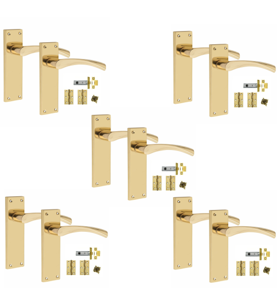 5 Sets Victorian Scroll Astrid handle Polished Brass Finish 150mm x 42mm With 2.5" Latch and 1 Pair of Hinges - Golden Grace