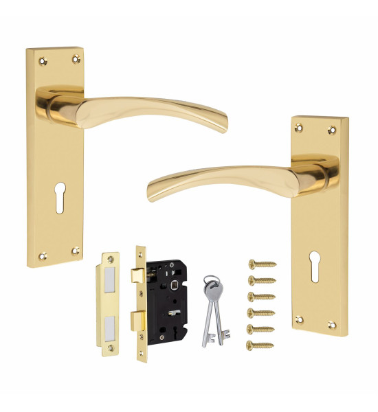 Victorian Scroll Astrid Handle Gold Polished Brass Lever Lock Door Handles with 64mm 3 Lever Lock Set 150mm x 40mm Backplate   - Golden Grace