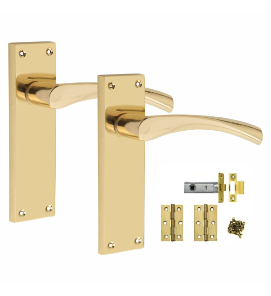 Victorian Scroll Astrid handle Polished Brass Finish 150mm x 42mm With 2.5" Latch and 1 Pair of Hinges - Golden Grace