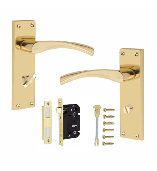 Victorian Scroll Astrid Handle Polished Brass Bathroom WC Toilet Door Handles Complete with (GG) Bathroom Mortise Lock and 1 Pair of 3" Standard Butt HInges  - Golden Grace