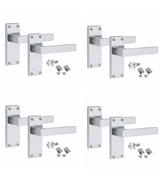 Golden Grace 4 Set of Victorian Straight Delta Handle Latch Door Handles Polished Chrome with 1 Pair of 3" Standard Butt Hinges & Latches Pack Sets 120mm x 40mm Backplate