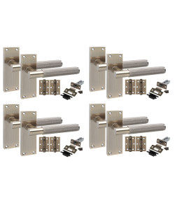 Golden Grace 4 Pair Victorian T-Bar Knurled Internal Door Handle Sets Antique Brass 120 x 40mm with 2.5" Latch & Hinges