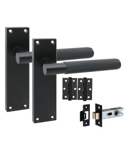 Golden Grace 1 Pair Victorian T-Bar Knurled Internal Door Handle Sets Matt Black 150 x 40mm with 2.5" Latch & Hinges