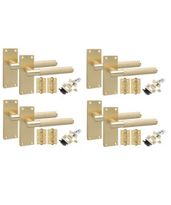 Golden Grace 4 Pair Victorian T-Bar Knurled Internal Door Handle Sets Satin Brushed Brass 120 x 40mm with 2.5" Latch & Hinges