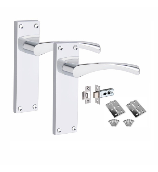 Golden Grace 1 Set of Victorian Scroll Astrid Handle Latch Door Handles Polished Chrome with 1 Pair of 3" Standard Butt Hinges & Latches Pack Sets 150mm x 40mm Backplate