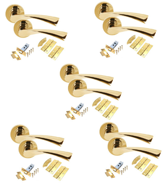 5 Sets of Astrid Design Modern Polished Brass Lever Latch Pack Door Handles On Rose w/ Brass Tubular Latch and Hinges