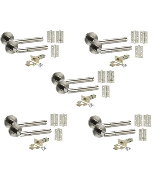 5 Sets of Mitred Modern Chrome Door Handles on Rose Duo Finish Door Lever Latch Pack Three 3" Ball Bearing Hinges 5 Sets of Mitred Modern Chrome Door Handles on Rose Duo Finish Door Lever Latch Pack Three 3" Ball Bearing Hinges