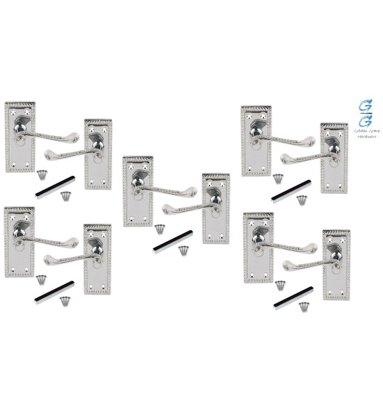5 x Sets Pairs of Georgian Roped Edge Lever Latch Door Handle Polished Chrome 107mm x 48mm - Golden Grace