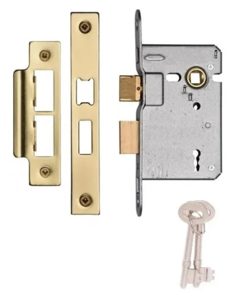 3 Lever Mortise Sash Lock Polished Brass Plated Finish with 2 Keys 2.5" 64mm