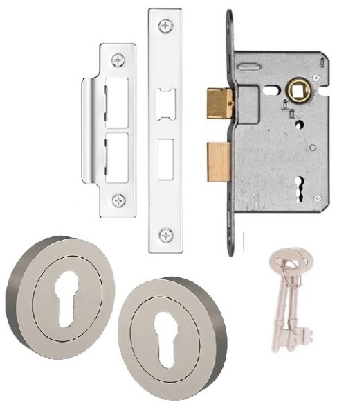 3 Lever Lock with 2 Keys 2.5" and Satin Nickel Escutcheon Set.
