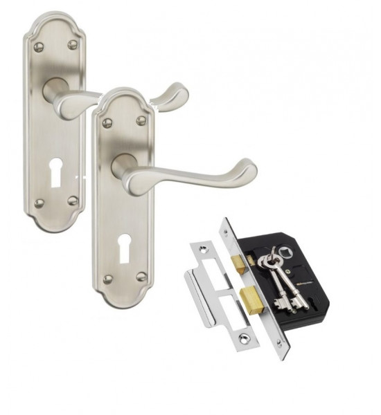 Epsom Ashworth Design Lever Lock Door Handle Satin Nickel Finish with 3 Lever Lock and 2 Keys - Golden Grace