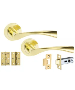 Astrid Design Modern Polished Brass Lever Latch Pack Door Handles On Rose w/ Brass Tubular Latch and Hinges Astrid Design Modern Polished Brass Lever Latch Pack Door Handles On Rose w/ Brass Tubular Latch and Hinges