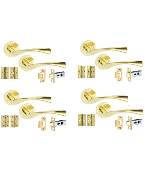 4 Sets of Astrid Modern Polished Brass Lever Latch Pack Door Handles On Rose w/ Brass Tubular Latch and Hinges 4 Sets of Astrid Modern Polished Brass Lever Latch Pack Door Handles On Rose w/ Brass Tubular Latch and Hinges