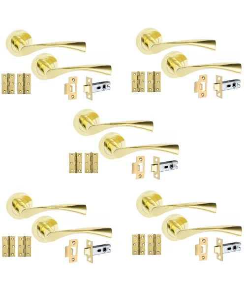 5 Sets of Astrid Modern Polished Brass Lever Latch Pack Door Handles On Rose w/ Brass Tubular Latch and Hinges 5 Sets of Astrid Modern Polished Brass Lever Latch Pack Door Handles On Rose w/ Brass Tubular Latch and Hinges