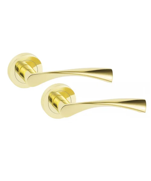 5 Sets of Astrid Modern Polished Brass Lever Latch Pack Door Handles On Rose w/ Brass Tubular Latch and Hinges 5 Sets of Astrid Modern Polished Brass Lever Latch Pack Door Handles On Rose w/ Brass Tubular Latch and Hinges