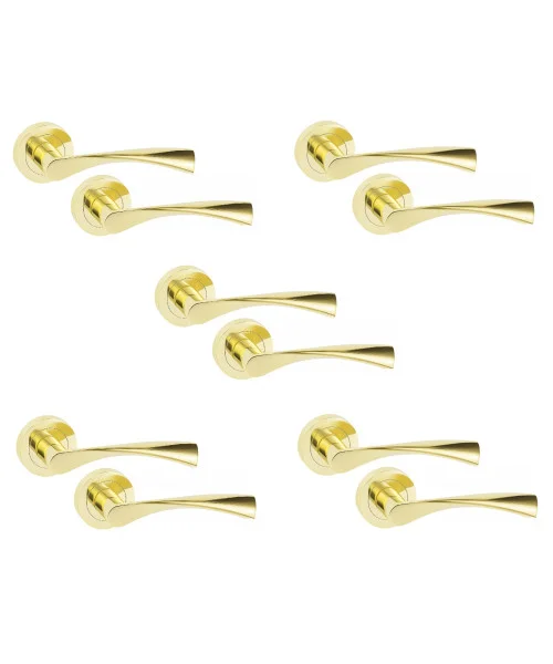 5 Sets of Astrid Design Modern Polished Brass Lever Latch Door Handles On Rose - Golden Grace 5 Sets of Astrid Design Modern Polished Brass Lever Latch Door Handles On Rose - Golden Grace