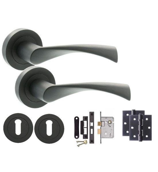 Astrid Design Modern Matte Black Finish Lever Latch Door Handles on Round Rose Lock Set with 2 Keys and Ball Bearing Hinges