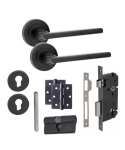 1 Set Leon Design Euro Lock Door Handle Set Key BB Hinges Matt Black 1 Set Leon Design Euro Lock Door Handle Set Key BB Hinges Matt Black