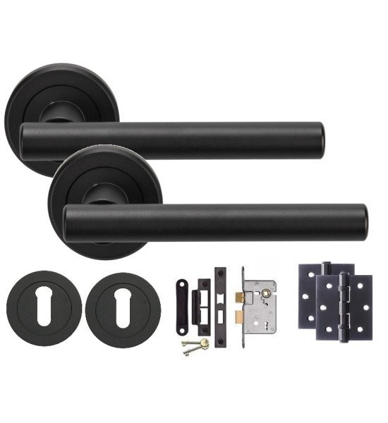 Straight T-Bar Design Modern Matte Black Finish Lever Latch Door Handles on Round Rose Lock Set with 2 Keys and Ball Bearing Hinges