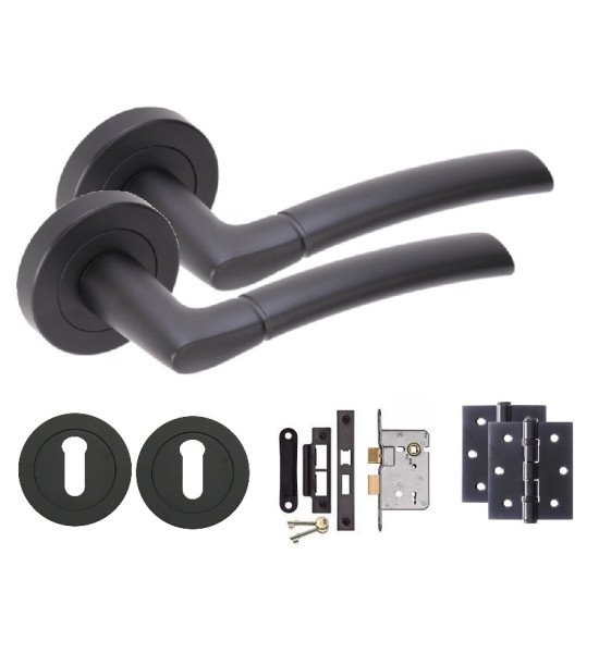 Indiana Design Modern Matte Black Finish Lever Latch Door Handles on Round Rose Lock Set with 2 Keys and Ball Bearing Hinges
