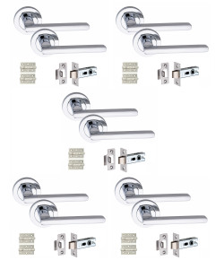 Golden Grace 5 Pair Leon Design Door Handles Polished Chrome Finish with 2.5" Tubular Latch and Pair of 3" Ball Bearing Hinges