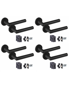  4 Pair Mitred Door Handle Round Rose Latch Door Handles 2.5" Tubular Latch, 3" Ball Bearing HingesMatt Black Finish 