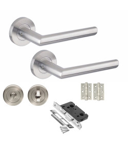 Mitred Door Handle Satin Nickel Finish Bathroom Set 64mm Bathroom Lock, Thumbturn, 3" Ball Bearing Hinges Round Rose Mitred Door Handle Satin Nickel Finish Bathroom Set 64mm Bathroom Lock, Thumbturn, 3" Ball Bearing Hinges Round Rose