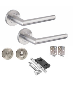 Mitred Door Handle Satin Nickel Finish Bathroom Set 64mm Bathroom Mortise Lock, Thumbturn, Standard Hinges Round Rose Mitred Door Handle Satin Nickel Finish Bathroom Set 64mm Bathroom Mortise Lock, Thumbturn, Standard Hinges Round Rose