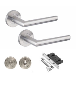 Mitred Door Handle Satin Nickel Finish Bathroom Set 64mm Bathroom Mortise Lock, Thumbturn Round Rose Mitred Door Handle Satin Nickel Finish Bathroom Set 64mm Bathroom Mortise Lock, Thumbturn Round Rose