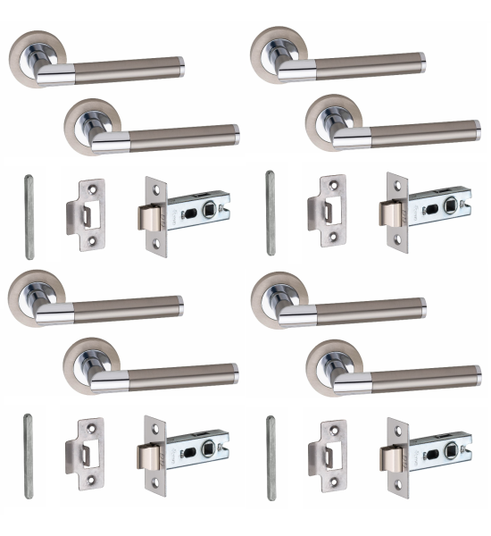 Duo Finished Chrome Mitred Door Handles on Rose Lever Latch Handle with Tubular Latch - 4 Pairs
