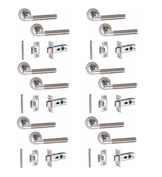 Duo Finished Chrome Mitred Door Handles on Rose Lever Latch Handle with Tubular Latch - 6 Pairs