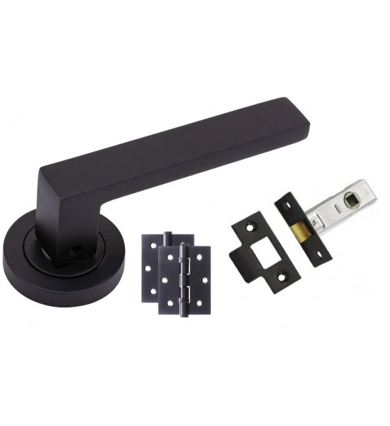 1 Set of Delta Door Handles On Round Rose in Stunning Matte Black Finish with Tubular Latch,  Ball Bearing Hinges and Fixings - Golden Grace