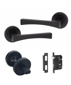 Wave Door Handle Matt Black Finish Bathroom WC Toilet Door Handle Set 64mm Bathroom Mortise Lock, Thumbturn Round Ros Wave Door Handle Matt Black Finish Bathroom WC Toilet Door Handle Set 64mm Bathroom Mortise Lock, Thumbturn Round Ros