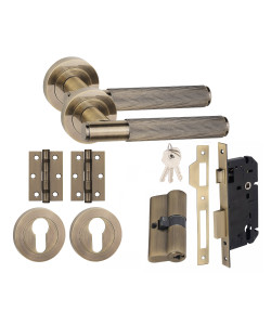  Straight T-Bar Linear Euro 70mm Key Lock Door Handle Set Euro Lock with Hinges Antique Brass