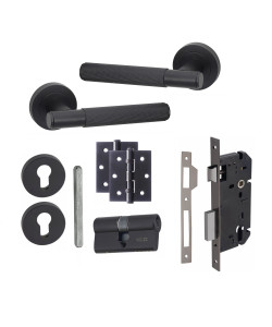 1 Set Linear T-Bar Euro Lock Door Handle Set Key BB HInges Matt Black